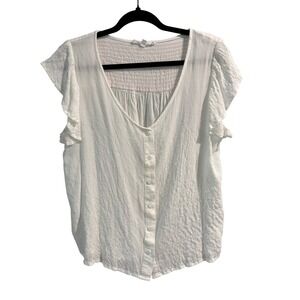 Jane + Delancey White Blouse Ruffle Cap Sleeve Button Front Medium